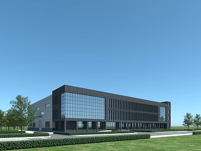 Modern Industrial Factory Building With Glass Curtain Walls Green Lawn And Trees 3d model