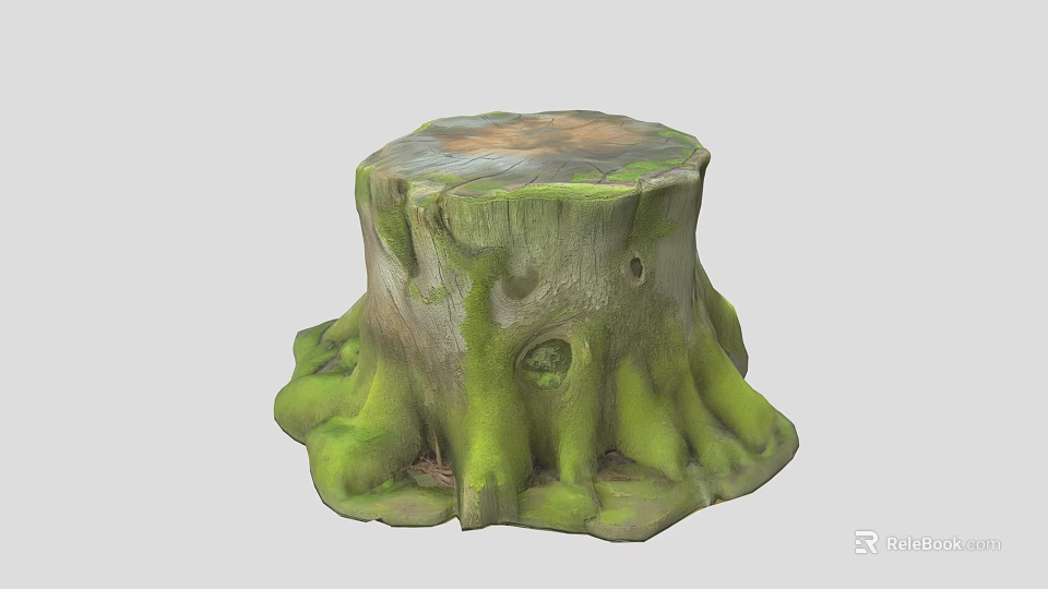 Natural Tree Stump With Green Moss And Textured Roots For Garden Plant Decor 3d model 
