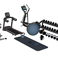 Essential Sports Equipment Collection Featuring Treadmill Elliptical Trainer Dumbbell Rack Yoga Mat And Exercise Ball