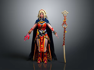 Fantasy Female Mage Character With Golden Hair Red Blue Armor Black Cape And Creature Themed Staff 3d model