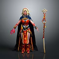 Fantasy Female Mage Character With Golden Hair Red Blue Armor Black Cape And Creature Themed Staff
