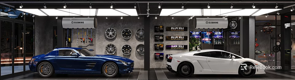 Car 4S Dealership Showroom with Wall Mounted Wheels and Blue and White Cars Parked Inside 3d model 
