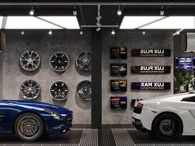 Car 4S Dealership Showroom with Wall Mounted Wheels and Blue and White Cars Parked Inside 3d model