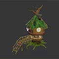European Architecture Treehouse with Green Thatched Roof Round Window and Wooden Ladder Supports