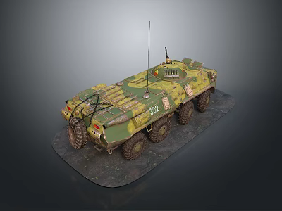 Wheeled Tank with Green Yellow Camouflage Antenna Number 321 on Gray Platform Against Dark Background 3d model