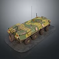 Wheeled Tank with Green Yellow Camouflage Antenna Number 321 on Gray Platform Against Dark Background