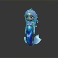 Cute Blue Mermaid Doll With Sparkling Hair Tail And Reflection On Gray Background