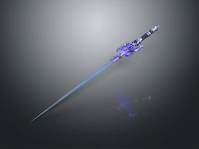 Glowing Blue Decorated Sword with Slim Blade and Intricate Hilt Patterns 3d model