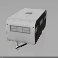White Vintage Travel Trailer with Striped Exterior Windows and Classic Wheels Design