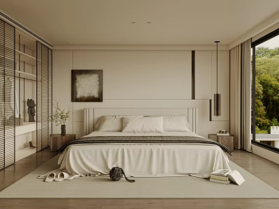 Modern Elegant Bedroom Interior With Bed Pillows Window Green View Decorative Painting And Soft Rug 3d model