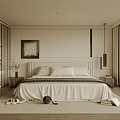 Modern Elegant Bedroom Interior With Bed Pillows Window Green View Decorative Painting And Soft Rug