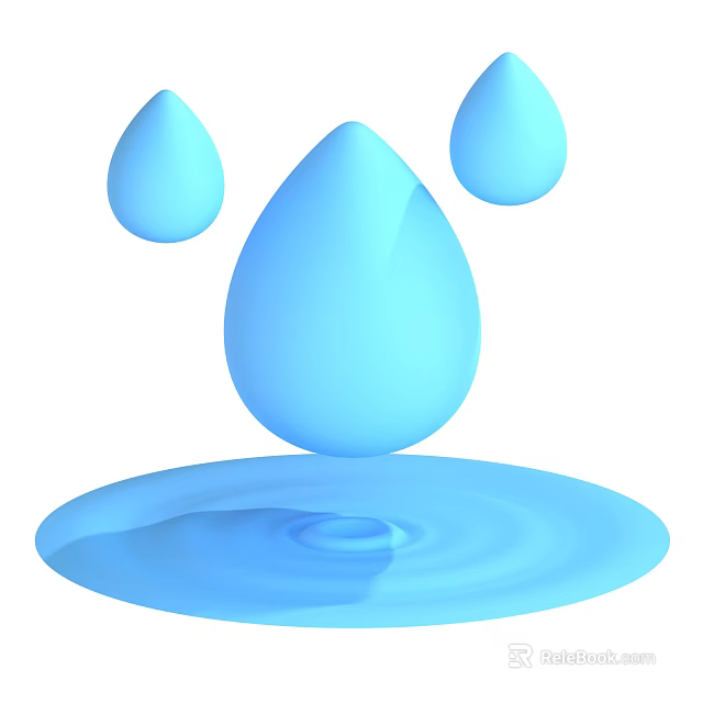 Blue Water Drop Decorative Ornament Set With Ripple Base And Small Drops 3d model 