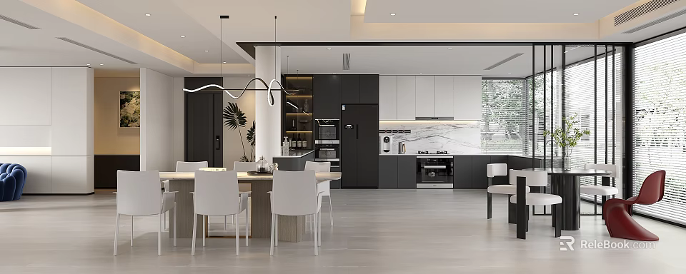 Modern Kitchen Interior With Open Layout Island Cabinets Dining Table And Pendant Lights 3d model