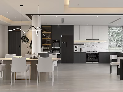 Modern Kitchen Interior With Open Layout Island Cabinets Dining Table And Pendant Lights 3d model