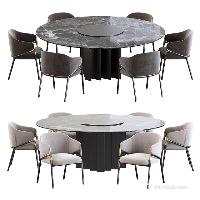 Modern Round Dining Table Set With Marble Tabletop And Gray Upholstered Metal Leg Chairs 3d model 