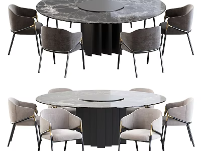 Modern Round Dining Table Set With Marble Tabletop And Gray Upholstered Metal Leg Chairs 3d model