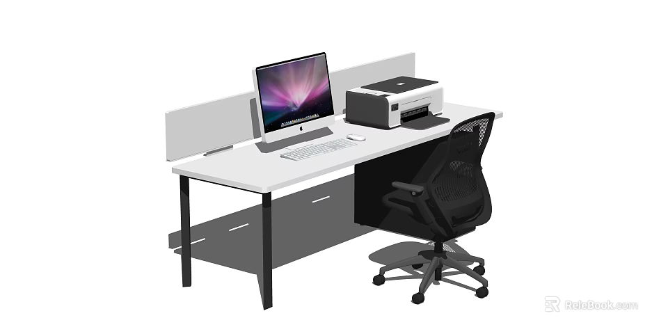 Office Desk With White Top Computer Monitor Keyboard Printer And Black Chair 3d model 
