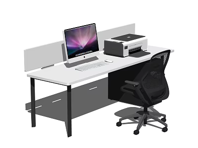 Office Desk With White Top Computer Monitor Keyboard Printer And Black Chair 3d model