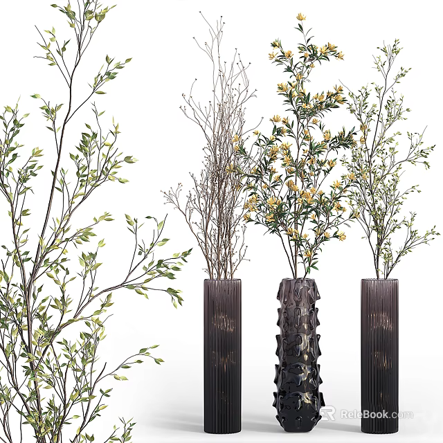 Textured Dark Floral Vases with Green Branches and Yellow Blossoms 3d model 