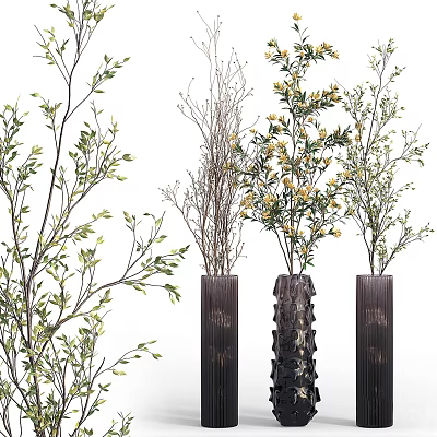 Textured Dark Floral Vases with Green Branches and Yellow Blossoms 3d model