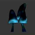 Three Glowing Teal Mushroom Plants With Stems On Gray Background And Reflections