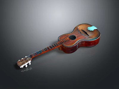 Vintage Acoustic Guitar With Wooden Body Decorative Inlay And Smooth Neck 3d model