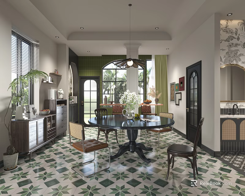 Open Layout Restaurant With Green White Tiled Floor Round Dining Table Chandelier Green Plants Windows 3d model 