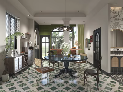 Open Layout Restaurant With Green White Tiled Floor Round Dining Table Chandelier Green Plants Windows 3d model