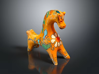 Colorful Ceramic Horse Sculpture With Floral Patterns And Bright Orange Base 3d model