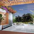 Serene Rooftop Garden Design With Wooden Pergola Purple Flowers And Lush Greenery