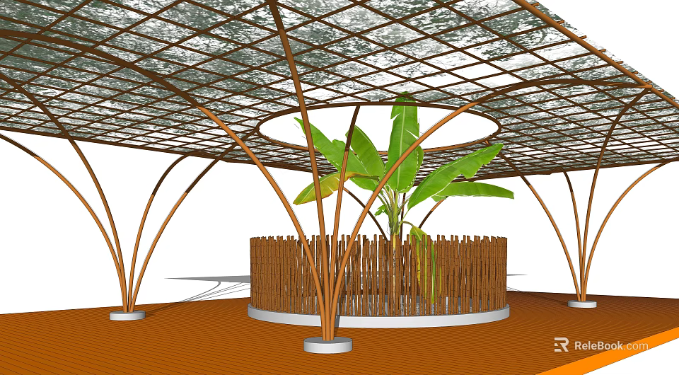 Wooden Pergola with Grid Like Roof Curved Pillars and Central Banana Plant 3d model 