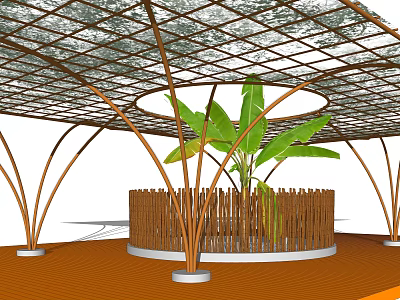 Wooden Pergola with Grid Like Roof Curved Pillars and Central Banana Plant 3d model