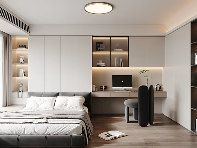 Tatami Bedroom Double Bed Single Chair Ceiling Lamp Wardrobe Desktop Computer Laptop 3d model