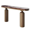 Modern Minimalist Console Table With Red Marble Top And Wooden Cylindrical Legs