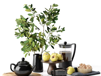 Tea Set with Black Teapot Coffee Pot Green Apples and Sugar Cubes on Table 3d model