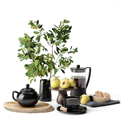 Tea Set with Black Teapot Coffee Pot Green Apples and Sugar Cubes on Table 3d model