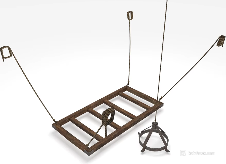 Industrial Hanging Rack Equipment With Wooden Frame Metal Hooks Chains And Support Structure 3d model 