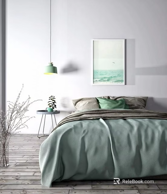 Double Bed With Light Green Bedding Pillows And Seascape Painting In Modern Bedroom 3d model 