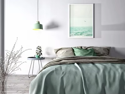 Double Bed With Light Green Bedding Pillows And Seascape Painting In Modern Bedroom 3d model