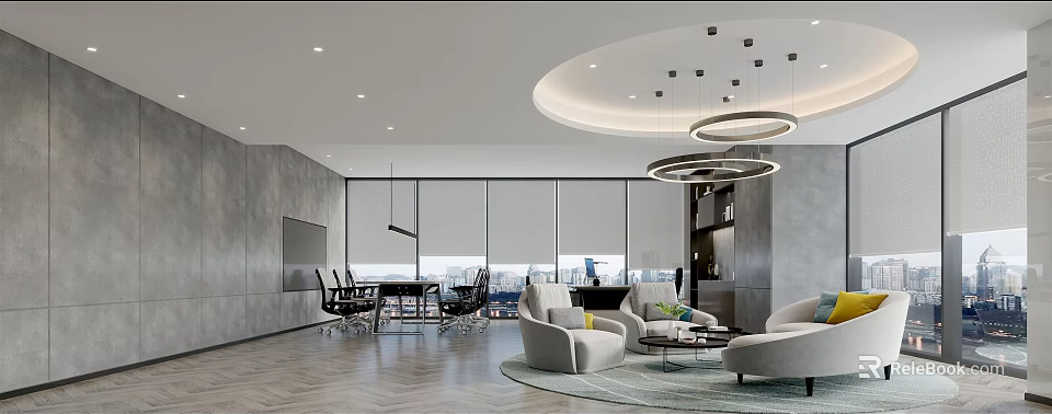 Modern Office Interior With Meeting Area Lounge Space Large Windows Circular Pendant Lights And Greenery 3d model 