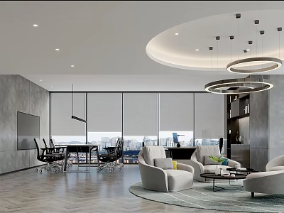 Modern Office Interior With Meeting Area Lounge Space Large Windows Circular Pendant Lights And Greenery 3d model