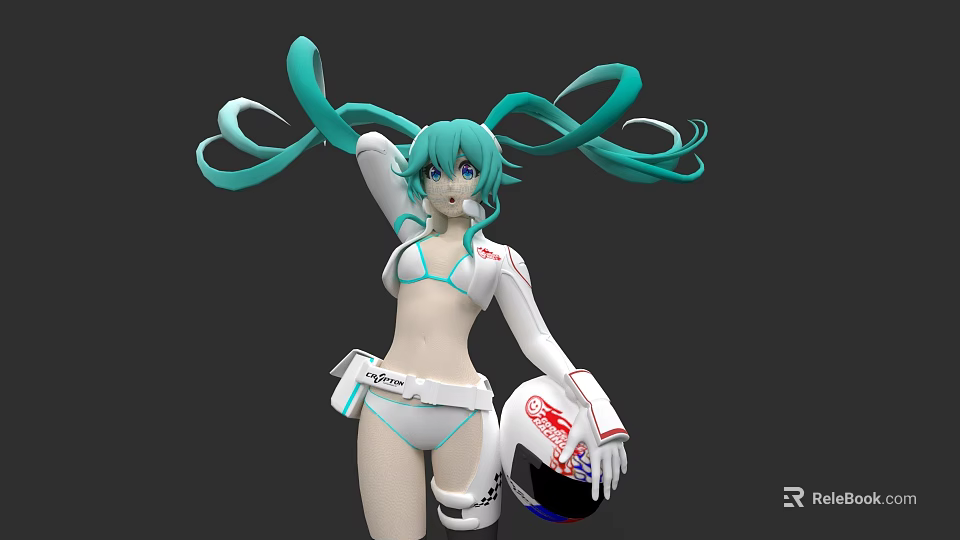 Vibrant Teal Twin Tails Game Anime Character In White Bikini Top Holding Racing Helmet 3d model 