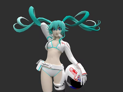 Vibrant Teal Twin Tails Game Anime Character In White Bikini Top Holding Racing Helmet 3d model