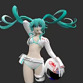 Vibrant Teal Twin Tails Game Anime Character In White Bikini Top Holding Racing Helmet