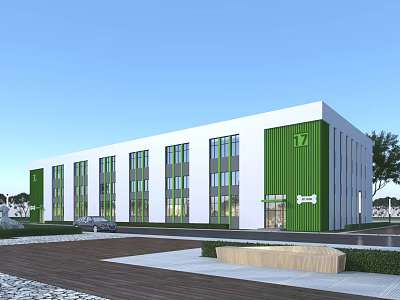 Modern Industrial Factory Building With White Green Facade Large Glass Windows And Landscaped Area 3d model