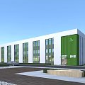 Modern Industrial Factory Building With White Green Facade Large Glass Windows And Landscaped Area