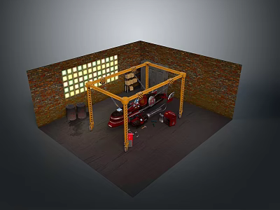 Vintage Red Motorcycle In Workshop With Yellow Rack Bricked Walls And Grid Window 3d model
