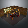 Vintage Red Motorcycle In Workshop With Yellow Rack Bricked Walls And Grid Window