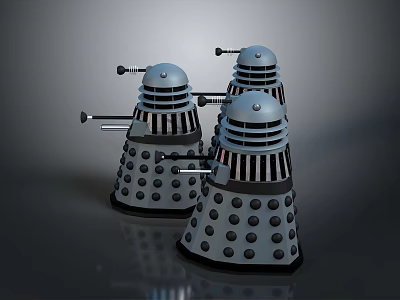 Three Metallic Robot Models With Dome Heads Circular Holes Mechanical Arms And Black Bases 3d model