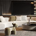 Modern Living Room Interior With White Sofa Round Coffee Table Rug TV Wall And Chandelier